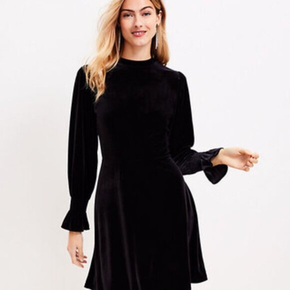 LOFT Dresses & Skirts - Loft Velvet Smocked Ruffle Cuff Flare Dress Size 10-C28